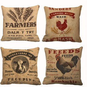 Resim 4 adet yastık kılıfı seti, ülke pastoral tarzı, arka plan rengi olarak retro bej ve buğday başakları, horoz, inek vb. dekoratif desenlerle birlikte, kare minder kılıfı, parti dekorasyonu, ev dekorasyonu, kanepe, oturma odası, yatak odası, açık hava için uygun, tek taraflı baskı, yastık çekirdeği yok 