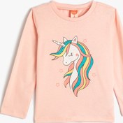 Resim Kız Bebek Tişört Uzun Kollu Bisiklet Yaka Unicorn Baskılı Pamuklu 