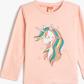 Resim Kız Bebek Tişört Uzun Kollu Bisiklet Yaka Unicorn Baskılı Pamuklu 