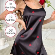 Resim Kadınlar için Seksi Ayarlanabilir Askılı Saten Gecelik - Kırmızı Kalp Baskılı Siyah Mini Uyku Elbisesi, Lüks Yumuşak Yuvarlak Yaka Şeffaf Olmayan Tüm Sezon Rahatlığı İçin Pijama, Saten Gece Giysisi, Konforlu Ev Kıyafeti, Duyusal Gece Giyimi, Şeffafsız Saten 