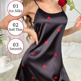 Resim Kadınlar için Seksi Ayarlanabilir Askılı Saten Gecelik - Kırmızı Kalp Baskılı Siyah Mini Uyku Elbisesi, Lüks Yumuşak Yuvarlak Yaka Şeffaf Olmayan Tüm Sezon Rahatlığı İçin Pijama, Saten Gece Giysisi, Konforlu Ev Kıyafeti, Duyusal Gece Giyimi, Şeffafsız Saten 