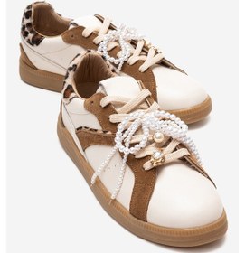 Resim Taren Bej Hakiki Deri İnci Tokalı Kadın Günlük Spor Ayakkabı Bej 