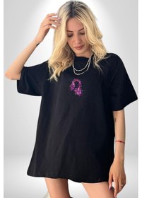 Resim Kelebekler Kanser Günü Ve Kadınlar Günü Siyah Oversize Unisex Ön Orta Minimal Baskılı Tişört Siyah 