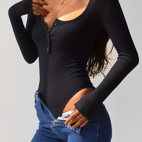 Resim Kadınlar İçin Seksi Dikişsiz Uzun Kollu Yuvarlak Yaka Bodysuit - Orta Esneklikli Karın Kontrol Üstü ve Düğme Detaylı, Siyah Renk, Tüm Mevsimler İçin Şekillendirici Body, Rahat Giyim, Orta Esnek Kumaş 