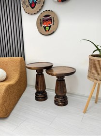 Resim AYLESA Doğal Ahşap 2’li Set Mantar Yan Sehpa Modern Ceviz Renk Fiskos Zigon Çiçeklik 