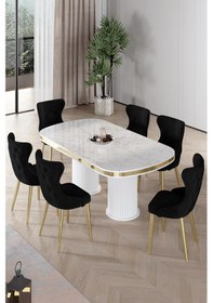 Resim Canisa Galya Serisi Lak Panel 90x168 Sabit Beyaz Mermer Desen Mutfak Masa Takımı 6 Siyah Sandalye Beyaz Mermer Desen Masa Siyah Sandalye Gold Ayak 