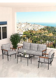 Resim Modern Serisi Bahçe Takımı, Bahçe Mobilyası, Metal Koltuk Takımı - 3+1+1 Sehpalı - Bendir Açık Gri Açık Gri 