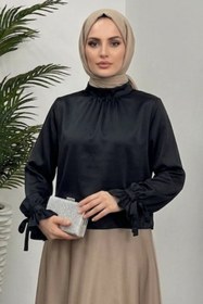 Resim Tesettür Diyarı Rahe Kolları Büzgü Bağlamalı Saten Tesettür Gömlek- Siyah 