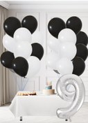 Resim 9 Yaş Siyah Beyaz Taraftar Temalı Doğum Günü Seti Siyah Beyaz Balonlar Gümüş Folyo Rakam Siyah 