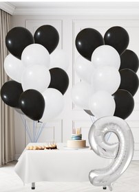 Resim 9 Yaş Siyah Beyaz Taraftar Temalı Doğum Günü Seti Siyah Beyaz Balonlar Gümüş Folyo Rakam Siyah 