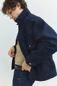 Resim DT10852 - Relaxed Fit Klasik Piliseli Koyu İndigo Rinse Erkek Jean Ceket - L 
