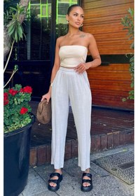 Resim Kadın Gri Yüksek Bel, Cepli, Rahat Kesim, Keten Pantolon Gri 