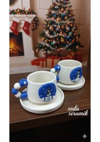 Resim El Yapımı Kardan Adam Yılbaşı Temalı Duble 2 Parçalı 2 Kişilik Seramik Kahve Fincanı Takımı 200 Ml. Beyaz - Mavi 