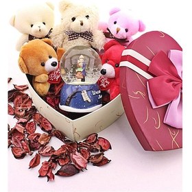 Resim Sevgiliye Eşe Sürpriz Kalp Hediye Kutusu İçinde Sevgililer Kar Küresi & 5 Adet Yavru Ayıcık Seti HDH75 