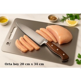 Resim Paslanmaz Çelik Antibakteriyel Kesme Tahtası 304 Kalite - Orta Boy 20x30 Cm Gri 