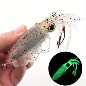 Resim 1 adet 60G Biyomimetik Ahtapot Başlı Jig - 15cm Şeffaf Gri Yumuşak Yem, Kırmızı & Siyah Sıçrama Tasarımı, Karanlıkta Parlayan Gözler ve Keskin Kanca ile Derin Deniz Tekne Balıkçılığı için, Tekne Balıkçılığı Aksesuarı | Karanlıkta Parlama Özelliği | Dayanıklı Silikon Malzeme 