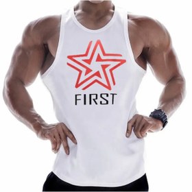 Resim PUNIX Özel Üretim Fırst Baskılı Geniş Yaka Kolsuz Sportwear Erkek Gym T-shırt 
