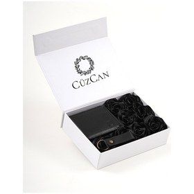 Resim Premium Gift Rose Box - M.utd Siyah Hakiki Deri Cüzdan - Kartlık - Anahtarlık Ve Siyah Gül Kutusu Siyah 