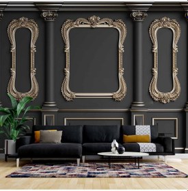 Resim 3d Siyah Sütun Altın Çerçeve Motif Duvar Kağıdı Baskı 1 M² 