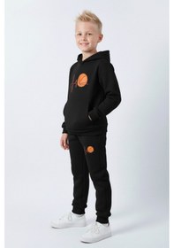 Resim Fyk Kids 3 İplik Şardonlu Kışlık Nabız Basketbol Baskılı Kanguru Cepli Kapüşonlu Erkek Çocuk Eşofman Takımı Siyah 