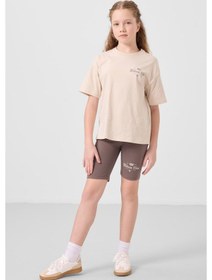 Resim Tommylife Bej-kahverengi Pamuklu O Yaka Standart Fit Baskılı Kız Çocuk Tayt Takım - 75190 Bej 