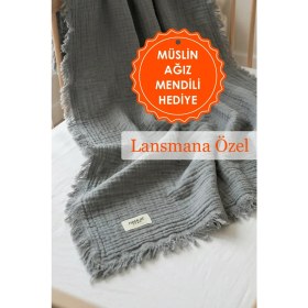 Resim Hamur Bebek 4 Katlı Müslin Pike Örtü %100 Pamuk 2'li Ağız Bezi Hediyeli Yenidoğan 85x100 Battaniye Gri 