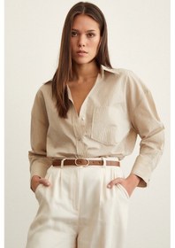 Resim Never More Çizgili Oversize Kadın Gömlek Bej 