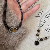 Resim 2 Parça Set Vintage Kaplan Gözü ve PU Deri Kolye, Kadınlar için Şık Minimalist Katmanlı Köprücük Zinciri, Günlük Kullanım veya Partiler için Uygun Zarif Kazak Aksesuarı 