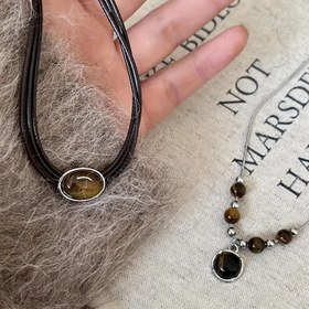 Resim 2 Parça Set Vintage Kaplan Gözü ve PU Deri Kolye, Kadınlar için Şık Minimalist Katmanlı Köprücük Zinciri, Günlük Kullanım veya Partiler için Uygun Zarif Kazak Aksesuarı 