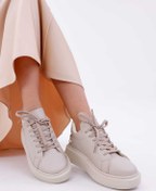 Resim RASEAL SHOES Kadın Bağcıklı Basic Sneaker Inci Detaylı Kalın Taban Spor Ayakkabı Bej 