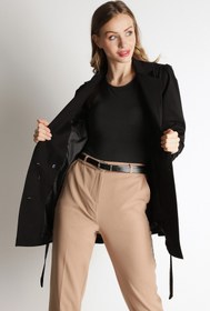 Resim Select Moda Kadın Siyah Kemerli Düğme Kapamalı Trençkot 