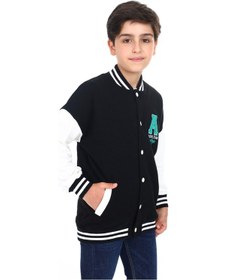 Resim Toontoy Erkek Çocuk Kolej Yaka Çıtçıt Kapama Cepli Düşük Omuz Nakış Baskılı Renk Bloklu Örme Hırka - 2 İplik Şardonlu Siyah 