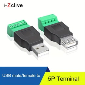 Resim 1 adet USB Erkek / Dişi 5P Terminal Adaptörü - USB2.0 Tip A DIY Lehimsiz Kablo Şarj ve Veri Aktarımı için 5 Pin Konnektör Modülüne Tak 