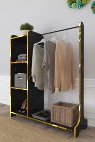 Resim Portmanto Ayaklı Elbise Askısı Ve Konfeksiyon Askılık Elbise Dolabı - Siyah Mermer / Gold 