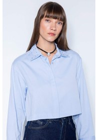 Resim Defacto Crop Basic Düz Düğmeli Dokuma Uzun Kollu Gömlek D4617AX24AUBE177 Mavi 