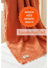 Resim Bebek 4 Katlı Müslin Pike Örtü %100 Pamuk 2'li Ağız Bezi Hediyeli Yenidoğan 85x100 Battaniye Kiremit 