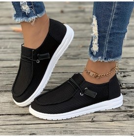 Resim Siyah Trendy Düz Renk Çizgili Desenli Kaykay Ayakkabıları, Aşınmaya Dirençli Kaymaz Kanv Günlük Çok Erkek Loafer Ayakkabı 57033727 Siyah 