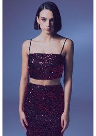 Resim Sateen İp Askılı Payet Crop - Bordo-135640 Bordo 