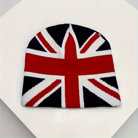 Resim İngiliz Bayrağı Jakarlı Bere - Hafif Esnek Uniseks Kışlık Şapka, Union Jack Desenli Kırmızı Beyaz Mavi Renkler, Elde Yıkanabilir, Soğuk Hava Aksesuarı, Moda Başlığı, Rahat Kalıp, Erkek ve Kadınlar İçin 