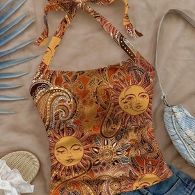 Resim Kadınlar İçin Altın Renkli Güneş Desenli Halter Yaka Tank Top - Yüksek Esneklikte Kolsuz Yazlık Üst, Arka Bağcıklı Detaylı, Makinede Yıkanabilir Şık Plaj Giyim, Mevsimsel Moda, Saydam Olmayan Kumaş 