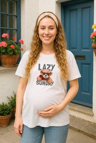 Resim TARZ STİL Premium Yumuşak Penye Kumaşlı Lazy Sunday baskılı Hamile Tişörtü 12659 