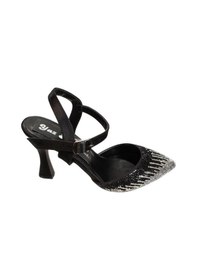 Resim Yazkış Kadın Siyah Gümüş Altın Üzeri Taşlı Önü Kapalı 9cm Kadeh Topuk Düğün Nişan Abiye Ayakkabı 001 