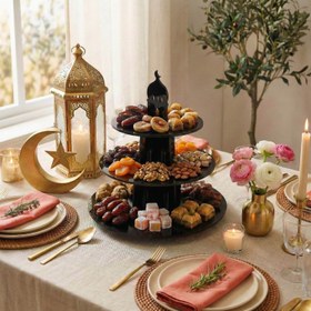 Resim Ramazan İkramlık Servis Standı - Yuvarlak 3 Katlı Akrilik Sunumluk - 30x30 cm / Siyah 