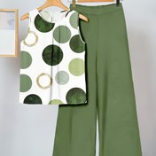 Resim 2 adet Kadın Rahat Polka Dot Kıyafet - Yeşil ve Beyaz Halkalı Kolsuz Üst, Yüksek Bel Zeytin Yeşili Pantolon, Hafif Polyester Karışımı Yaz için, Çok Yönlü Rahat Kıyafet, Yaz Kıyafeti | Polka Dot Üst | Polyester Karışımı 