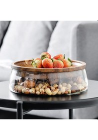 Resim Qerhome Borosilikat Camlüks Akasya Kapaklı Cam Kase - Sunumluk-salata Kasesi 22 Cm Şeffaf 