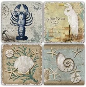 Resim Oscar Stone Decor Taş Bardak Altlığı Marin-Deniz Temalı - 4 Lü Set(10 Cmx10 Cm) Ba507 