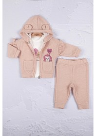 Resim Babydonat Kirpi Nakışlı Pamuk 3'lü Kız Bebek Takım Somon 