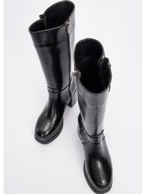 Resim Luvishoes Luvi Shoes Rock Siyah Cilt Tokalı Fermuarlı Kadın Platform Topuklu Çizme Siyah 
