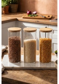 Resim Porsima 3-3 Bambu Vakumlu Kapaklı Yuvarlak Borosilikat Cam 3lü Kavanoz Seti Saklama Kabı 1650ml 10x25cm Cam - Şeffaf 