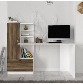 Resim Dekorister Domingos Kitaplıklı Çalışma Masası Beyaz-Ceviz 